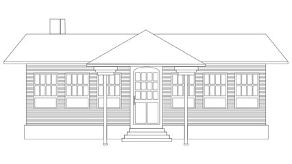 Black outline of one-story house with porch and canopy isolated on white background. Clipart.