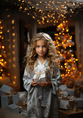 beautiful little blonde girl in a white dress holds a gift box with a ribbon on a background of garlands and snow, winter, new year, christmas, child, kid, childhood, postcard, present, portrait, face