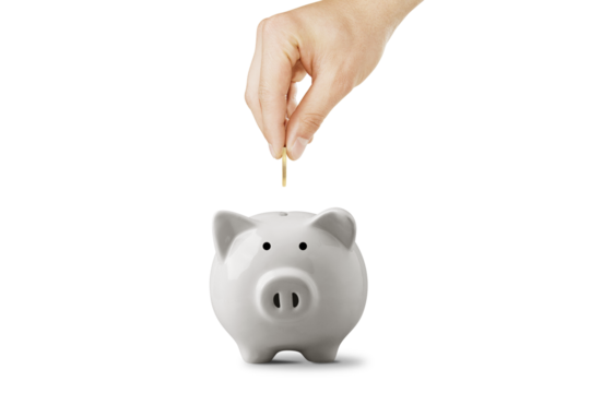 Male Hand Putting A Coin Into Piggy Bank