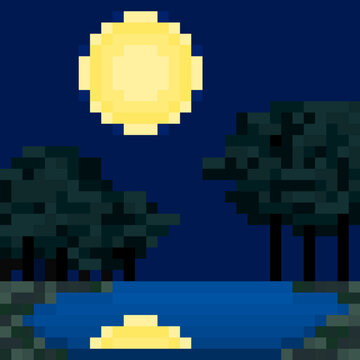 Noche de luna en la laguna del videojuego pixelado cl&aacute;sico. Creado por el artista Diego Ferro.