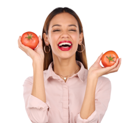 Health, portrait and happy woman with tomato, diet or wellness on isolated, transparent or png background. Weight loss, face and nutritionist with fruit for detox with fiber, vitamins or superfoods
