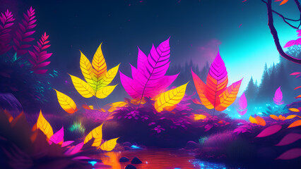 AI generated illustration of a glowing illuminated colorful fairy tale forest