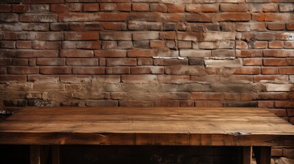 Empty wooden table and brick wall in background.