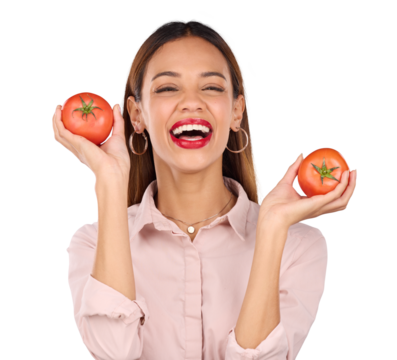 Health, portrait and happy woman with tomato, diet or wellness on isolated, transparent or png background. Weight loss, face and nutritionist with fruit for detox with fiber, vitamins or superfoods