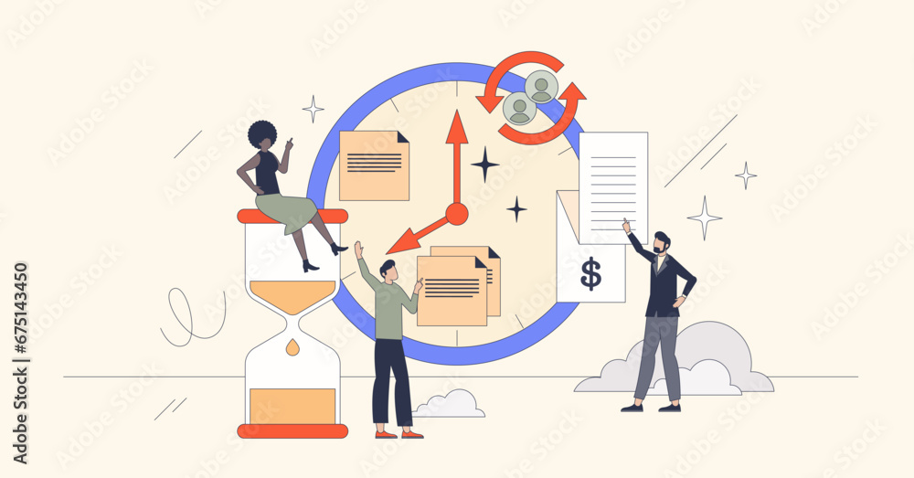 Poster time management as effective work planning schedule retro tiny person concept. project deadline cont