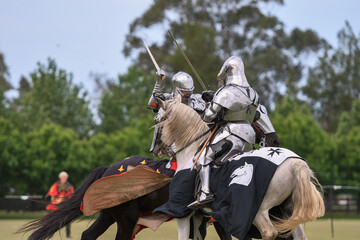 Knight jousting. Medieval knights during a jousting tournament