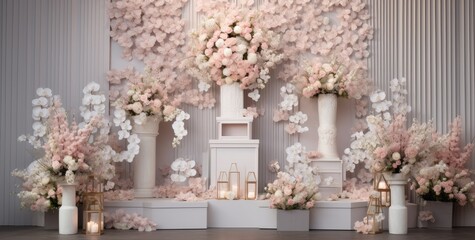 Fototapeta premium Wedding backdrop aesthetic flower decoration indoor interior decorated studio background