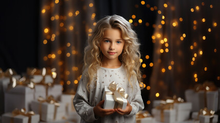 beautiful little blonde girl in a white dress holds a gift box with a ribbon on a background of garlands and snow, winter, new year, christmas, child, kid, childhood, postcard, present, portrait, face