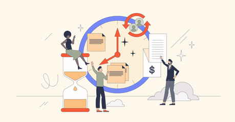 Time management as effective work planning schedule retro tiny person concept. Project deadline control for productive business planning vector illustration. Company performance monitoring strategy.