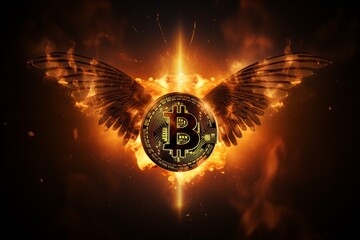Bitcoin e-cryptocurrency with wings flies in fire. Rise and fall. Crisis