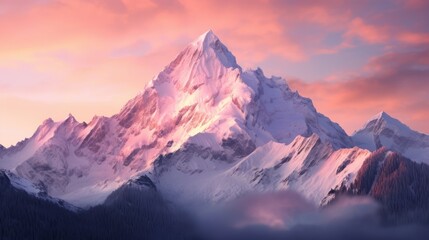  a snow covered mountain with a pink sky in the background and clouds in the foreground with a pink and blue sky in the background.  generative ai