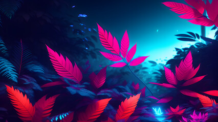 AI generated illustration of a glowing illuminated colorful fairy tale forest