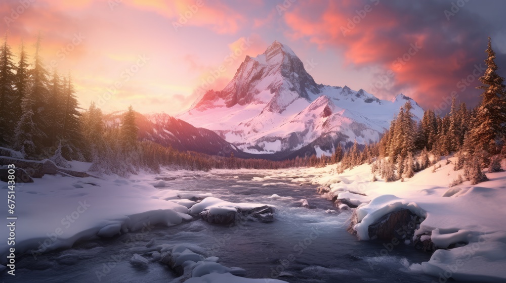 Poster a painting of a snowy mountain with a river in the foreground and trees on the other side of the mou