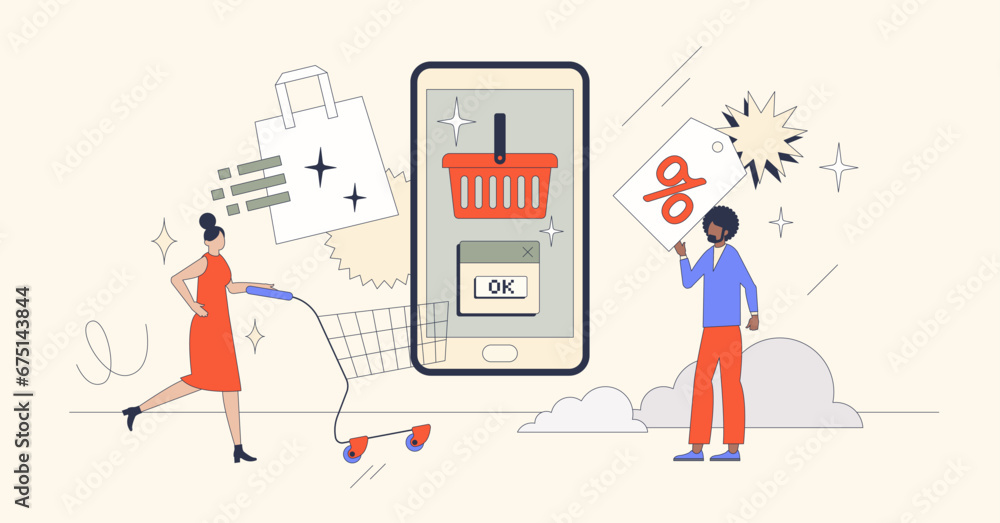 Poster e-commerce as shopping on internet web shops retro tiny person concept. distant retail store with sp