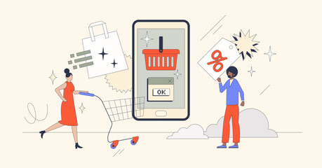 E-commerce as shopping on internet web shops retro tiny person concept. Distant retail store with special price offers for mobile app users vector illustration. Buy and order products with delivery.