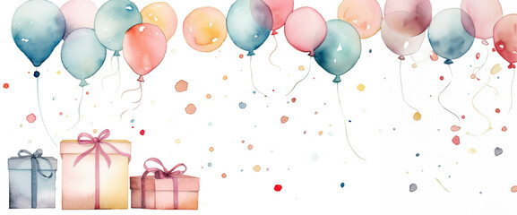 Watercolour Birthday banner with presents, festive decorations, confetti and balloons. Gentle pastel colours on white background, copy space. - obrazy, fototapety, plakaty