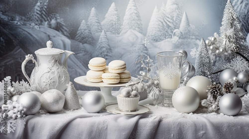Poster a table topped with a tray of macaroons next to a cup of milk and a pitcher of milk. generative ai