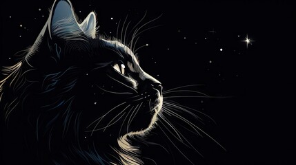  a close up of a cat's face on a black background with stars in the sky in the background.  generative ai