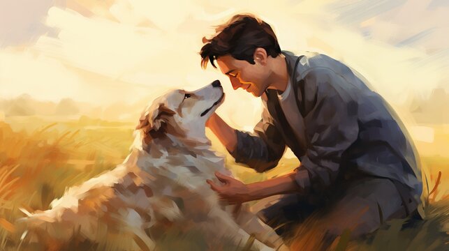 Young man hugs Golden Retriever with love. Amidst the grass and soft sunlight. Special moment.