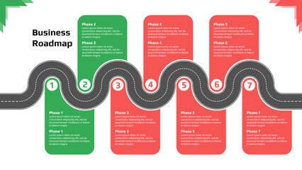 Roadmap with winding road with green and red stages on white background. Horizontal infographic timeline template for business presentation. Vector.