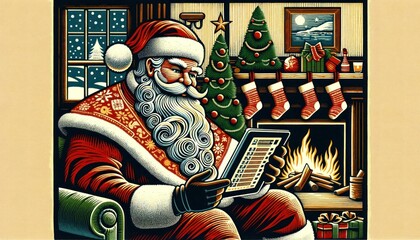 Vintage Meets Digital: Santa Claus with Tablet Preparing for Modern Christmas by the Fireplace