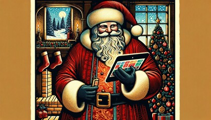 Modern Holiday Charm: Santa Claus with Digital Tablet Amidst Classic Christmas Decor