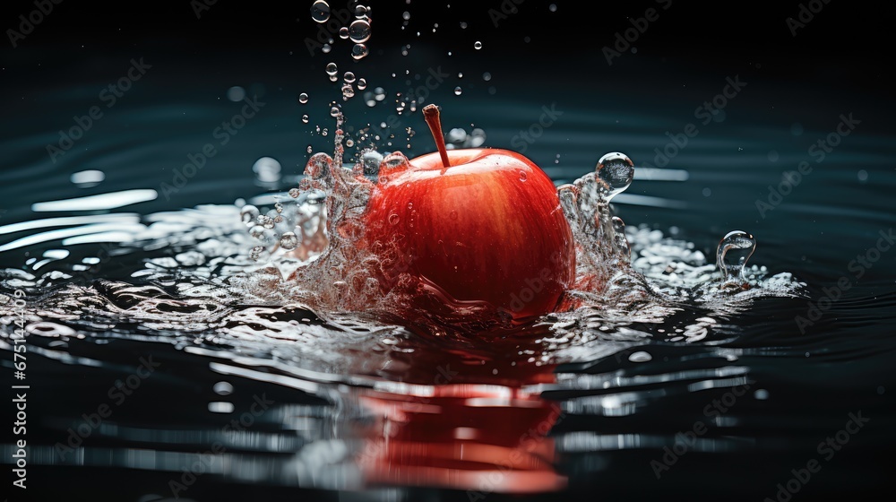 Poster a red apple is splashing into a body of water with drops of water on the top of it and on the bottom