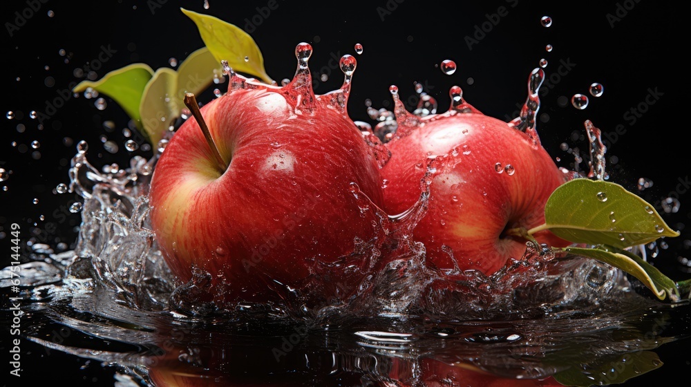 Aufkleber two red apples splashing into water with green leaves on the top of the apples and on the bottom of 