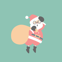 merry christmas and happy new year with cute santa claus and present gift bag in the winter season green background, flat vector illustration cartoon character costume design