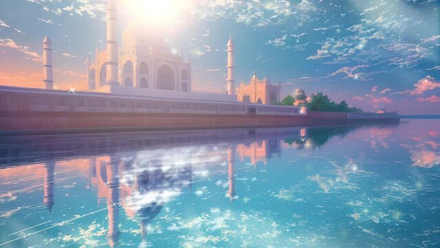 Islamic animation of beautiful mosque building in Japanese anime watercolor painting illustration style. seamless looping video animated background