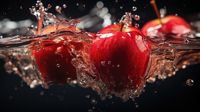  a group of red apples with water splashing around them on a black background with a splash of water on the top and bottom of the apples.  generative ai