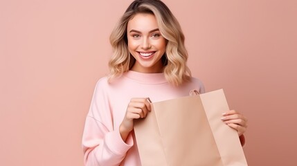 Fototapeta na wymiar Smiling young woman Hold package bag with purchases with shopping point finger aside