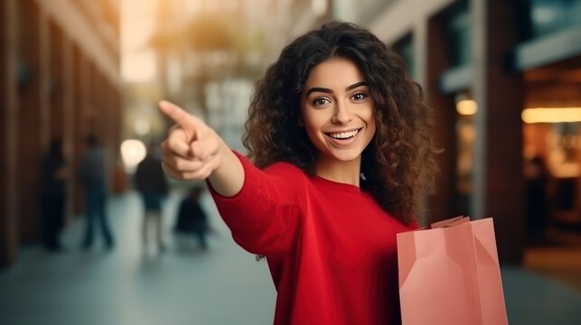 Woman excited about prices in department store,purchases with shopping point finger aside.