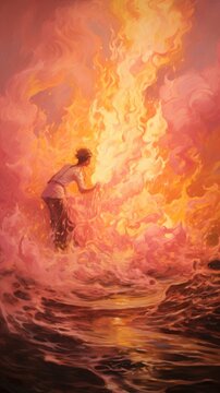 A woman stands in dramatic flames in a surreal, fiery landscape. Abstract Illustration. 