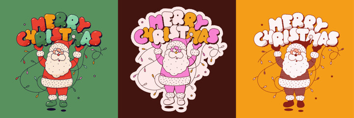 Christmas groovy mascot characters Santa Claus, Noel tree and Ball. Set of three Holiday letters and garland on color background.