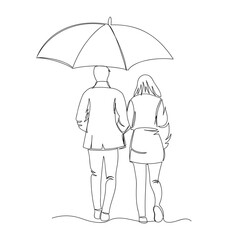 two people under an umbrella. people walk in the rain. one line. continuous line. vector drawing