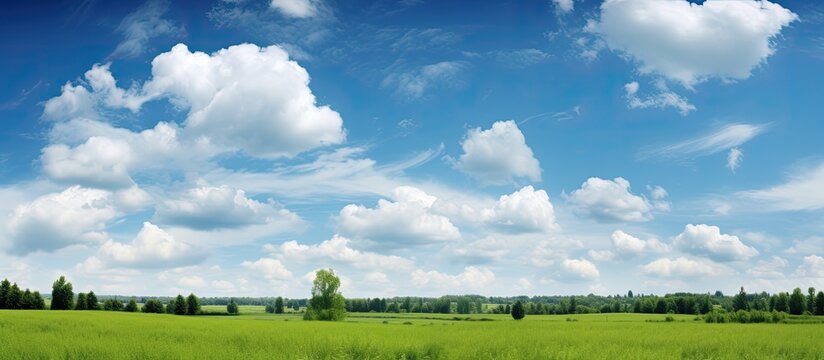 The beautiful outdoor scenic view of the summer landscape with its lush green surroundings clear blue sky and fluffy white clouds enhanced by the serene water showcases the breathtaking bea