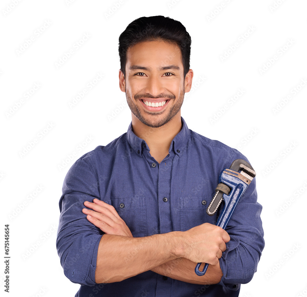 Poster portrait, wrench and handyman with arms crossed, tools and plumber isolated on transparent backgroun