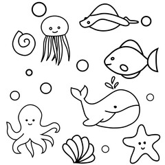 Hand drawn art illustration set of cartoon underwater animals