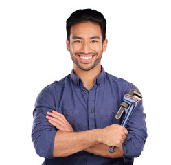Portrait, wrench and handyman with arms crossed, tools and plumber isolated on transparent background. Face, person and model with equipment, repair and maintenance with png, spanner and engineer