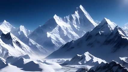 AI generated illustration of rocky mountains covered in snow - obrazy, fototapety, plakaty