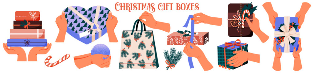Hands with gift boxes set. Holding present box, holiday packages in festive paper wrapping, tied with ribbon, bow. Gift Packaging. Christmas surprise. Vector illustration