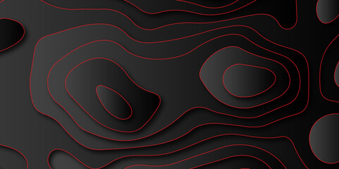 Abstract Dark background with black topo and luxury black abstract line art background vector. Topographic background and texture with monochrome 3D waves, contour  Abstract topographic contours map  - obrazy, fototapety, plakaty