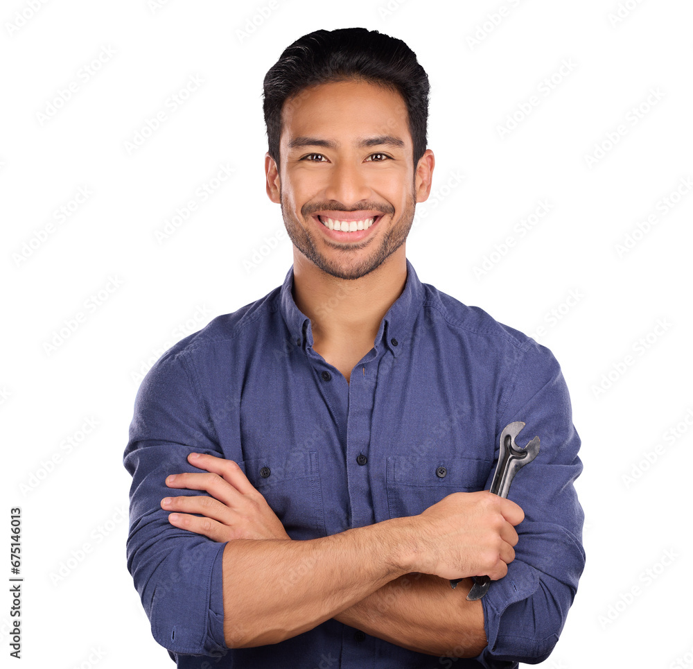 Poster portrait, man with spanner or smile isolated on transparent png background in repair solution, maint