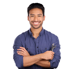 Portrait, man with spanner or smile isolated on transparent png background in repair solution,...