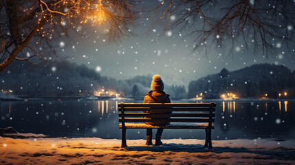 Girl sitting on a bench by the lake in winter at night. - obrazy, fototapety, plakaty
