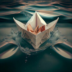 AI-generated illustration of an alone paper sailing in water with autumn leaves