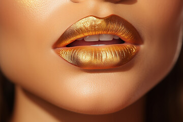 Gold bright lip makeup for a party. Model makeup. Lip makeup concept. Generated by artificial intelligence