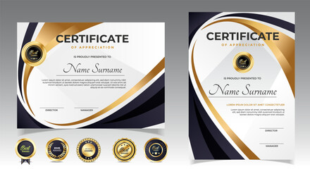Black and gold certificate of appreciation border template with luxury badge and modern line and shapes. For award, business, and education needs. Diploma vector template	