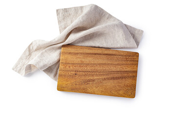 Wood board with linen napkin isolated on white background